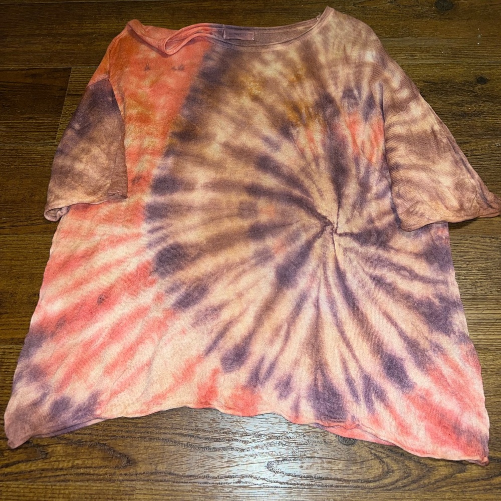 By Together Brown, Red & Purple Tie-Dye Linen Scoop Neck Short Sleeve Top Size L - Picture 7 of 13